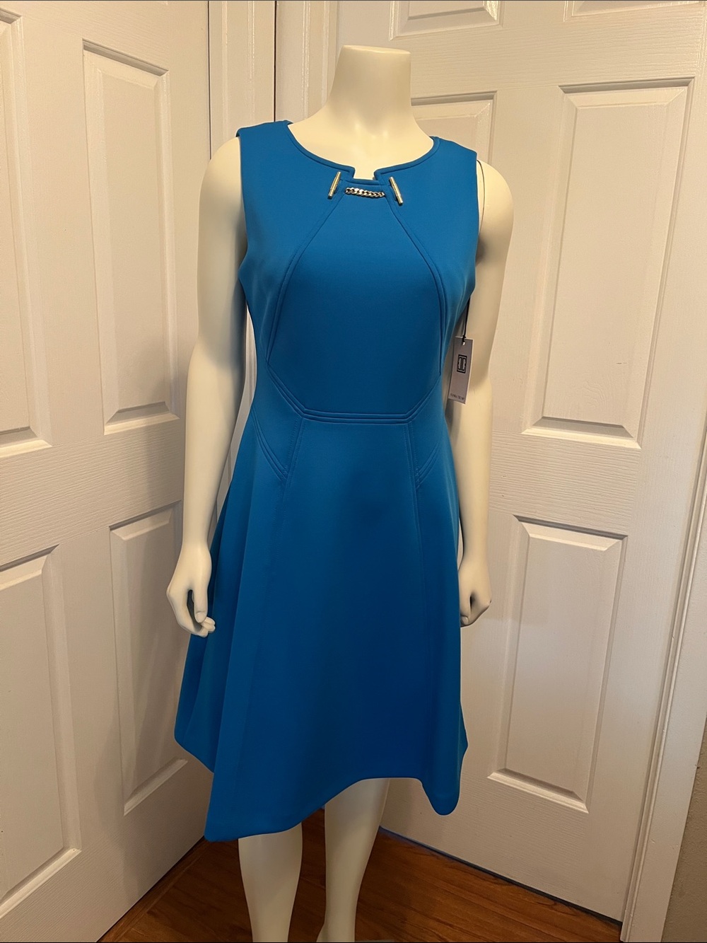 Ivanka Trump Bright Blue Sleeveless Fit-and-Flare Dress with Neck Bar